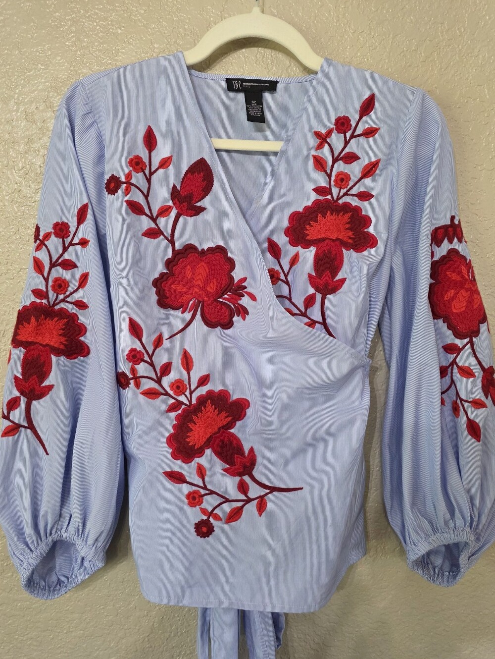 Light Blue Wrap Blouse with Red Floral Embroidery